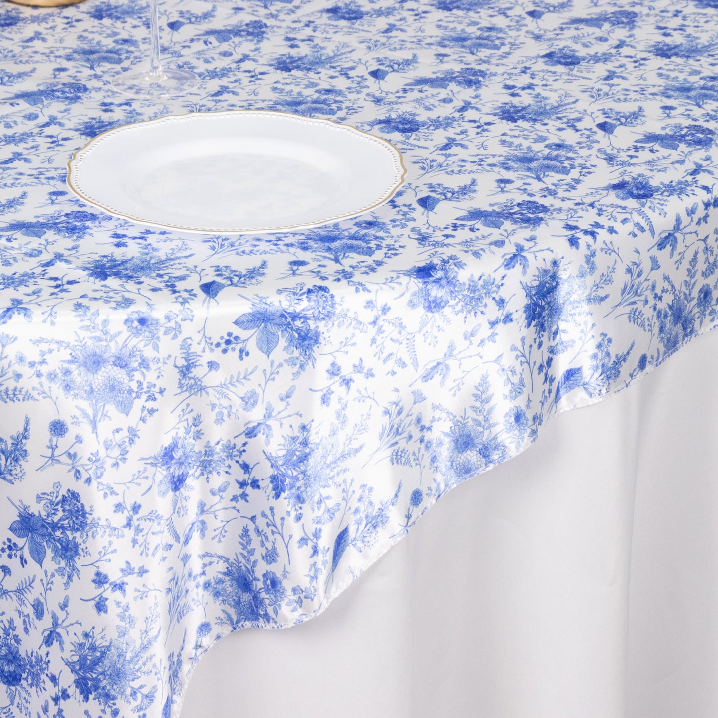 White Blue French Toile Floral Satin Table Overlay, Square Tablecloth Topper - 72"x72"