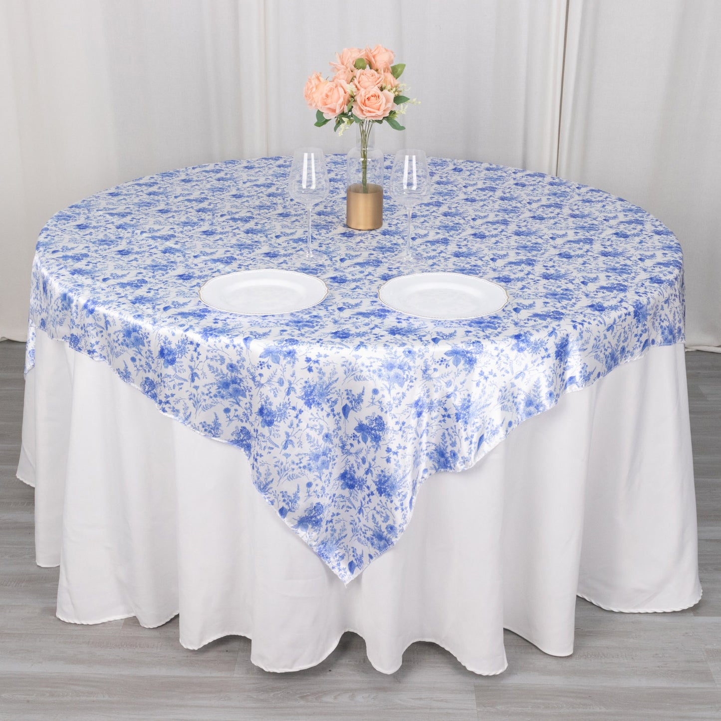 White Blue French Toile Floral Satin Table Overlay, Square Tablecloth Topper - 72"x72"