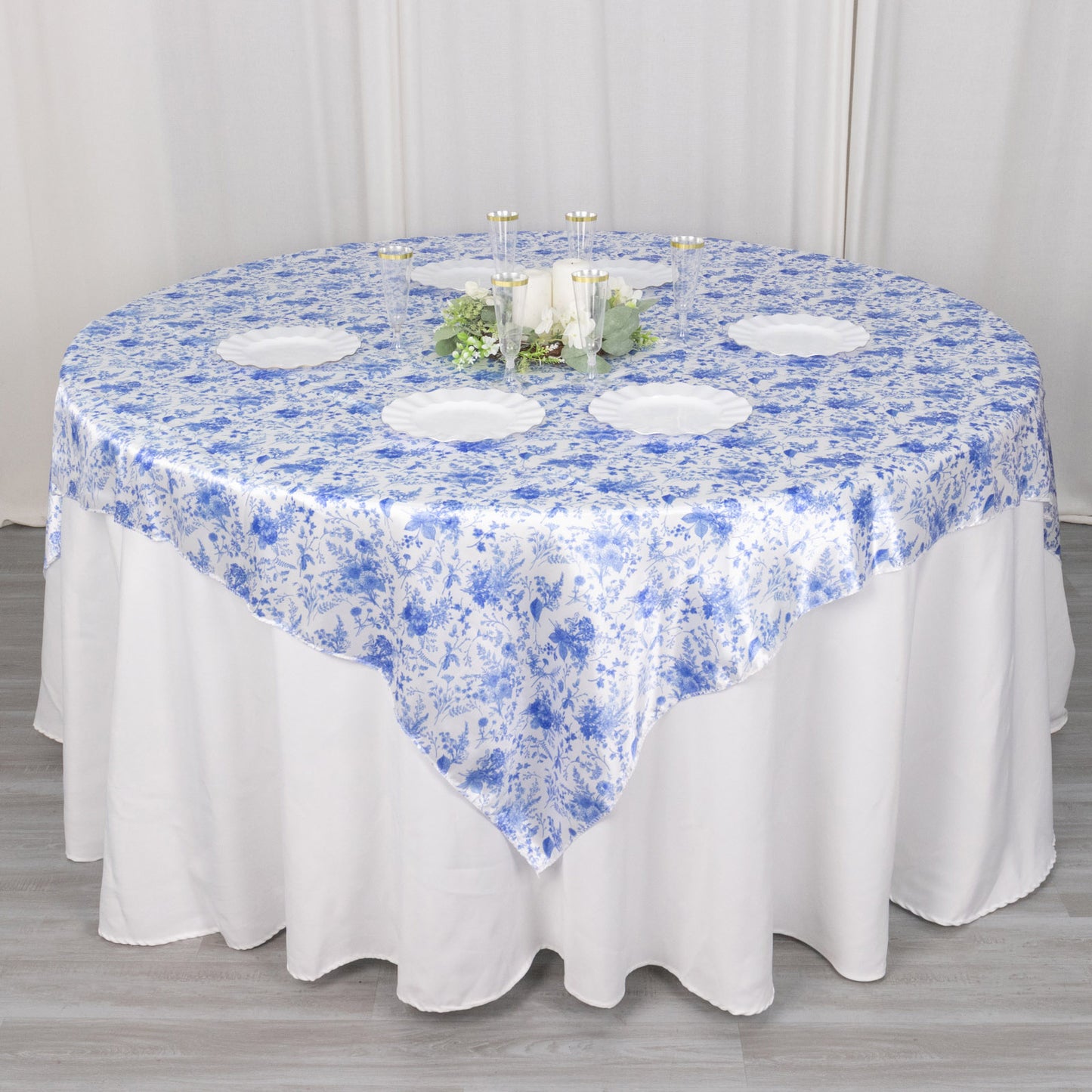 White Blue French Toile Floral Satin Table Overlay, Square Tablecloth Topper - 72"x72"