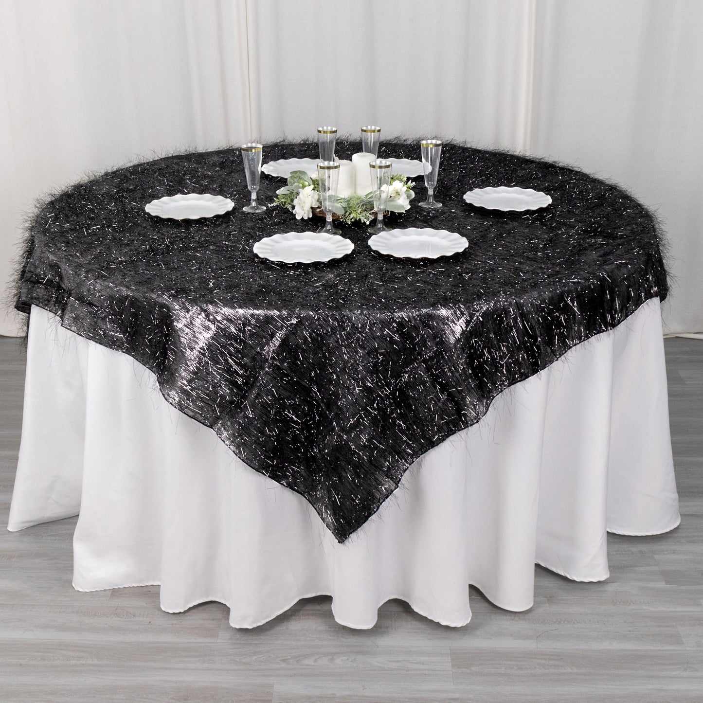 72" Black Metallic Fringe Shag Tinsel Square Polyester Table Overlay