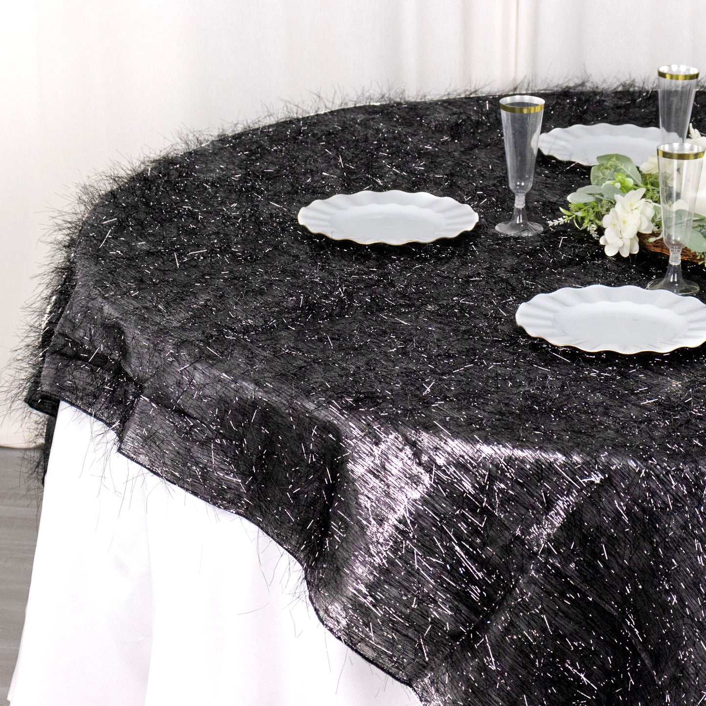 72" Black Metallic Fringe Shag Tinsel Square Polyester Table Overlay