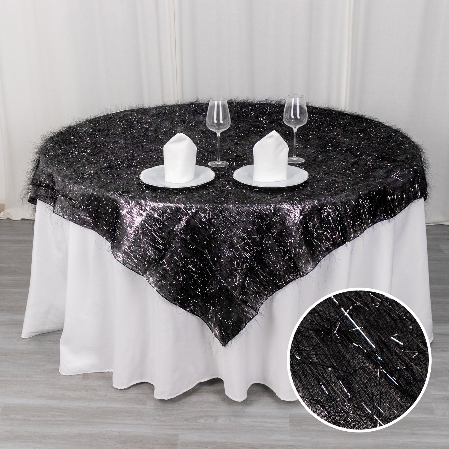 72" Black Metallic Fringe Shag Tinsel Square Polyester Table Overlay