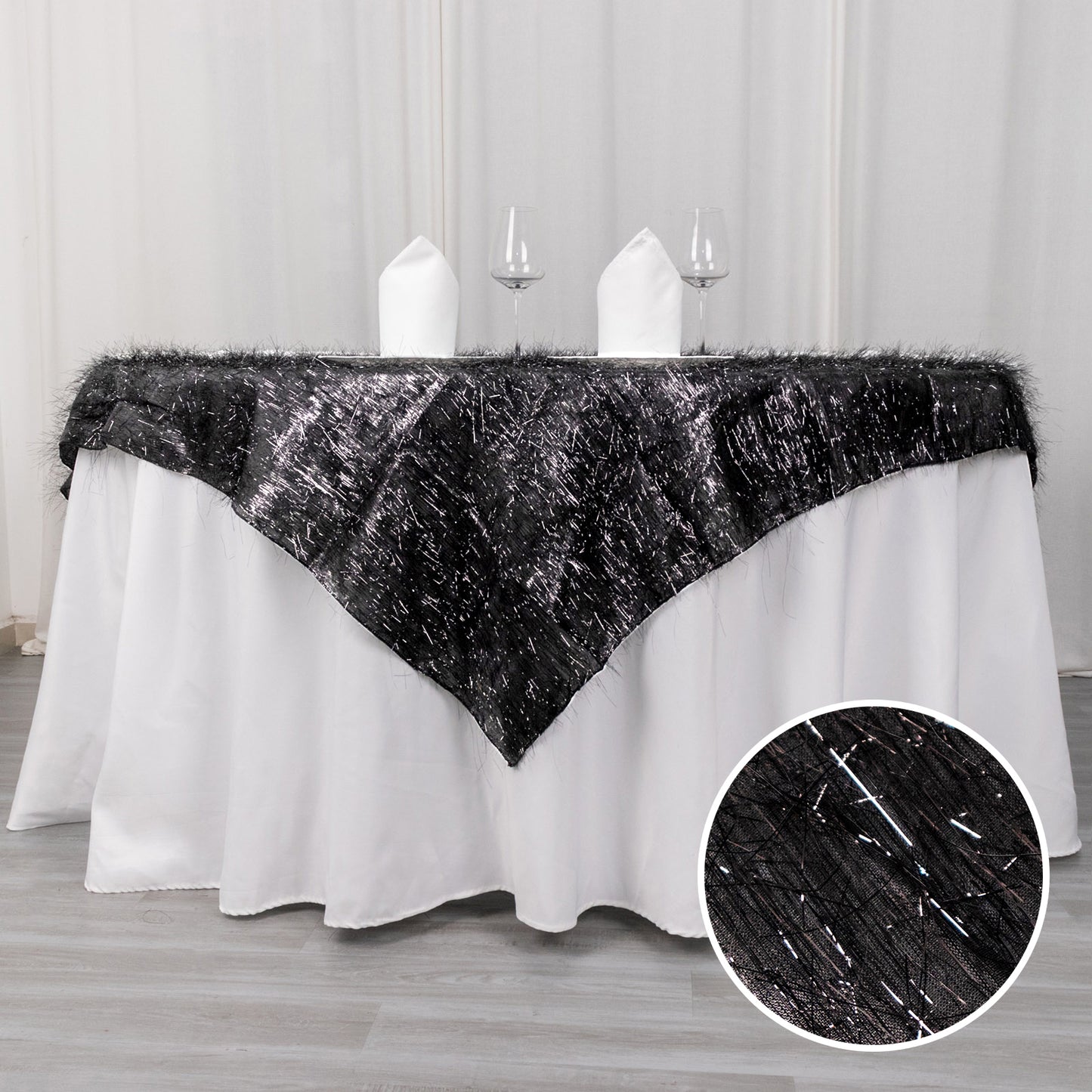 72" Black Metallic Fringe Shag Tinsel Square Polyester Table Overlay