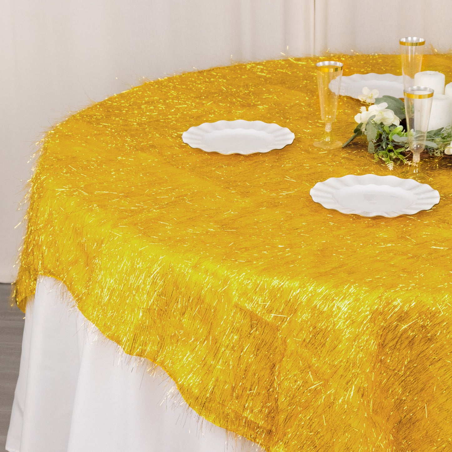72" Gold Metallic Fringe Shag Tinsel Square Polyester Table Overlay