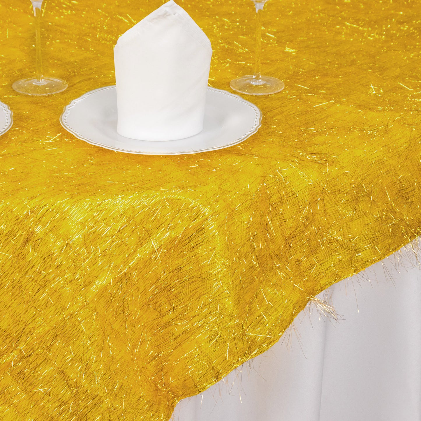 72" Gold Metallic Fringe Shag Tinsel Square Polyester Table Overlay