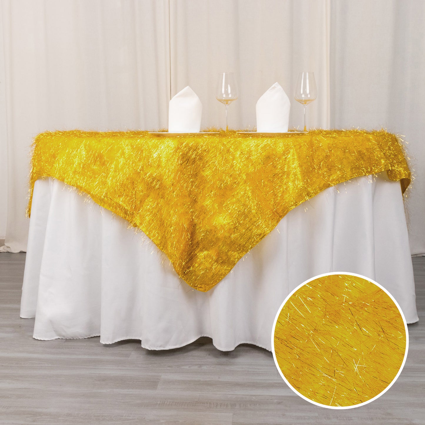 72" Gold Metallic Fringe Shag Tinsel Square Polyester Table Overlay