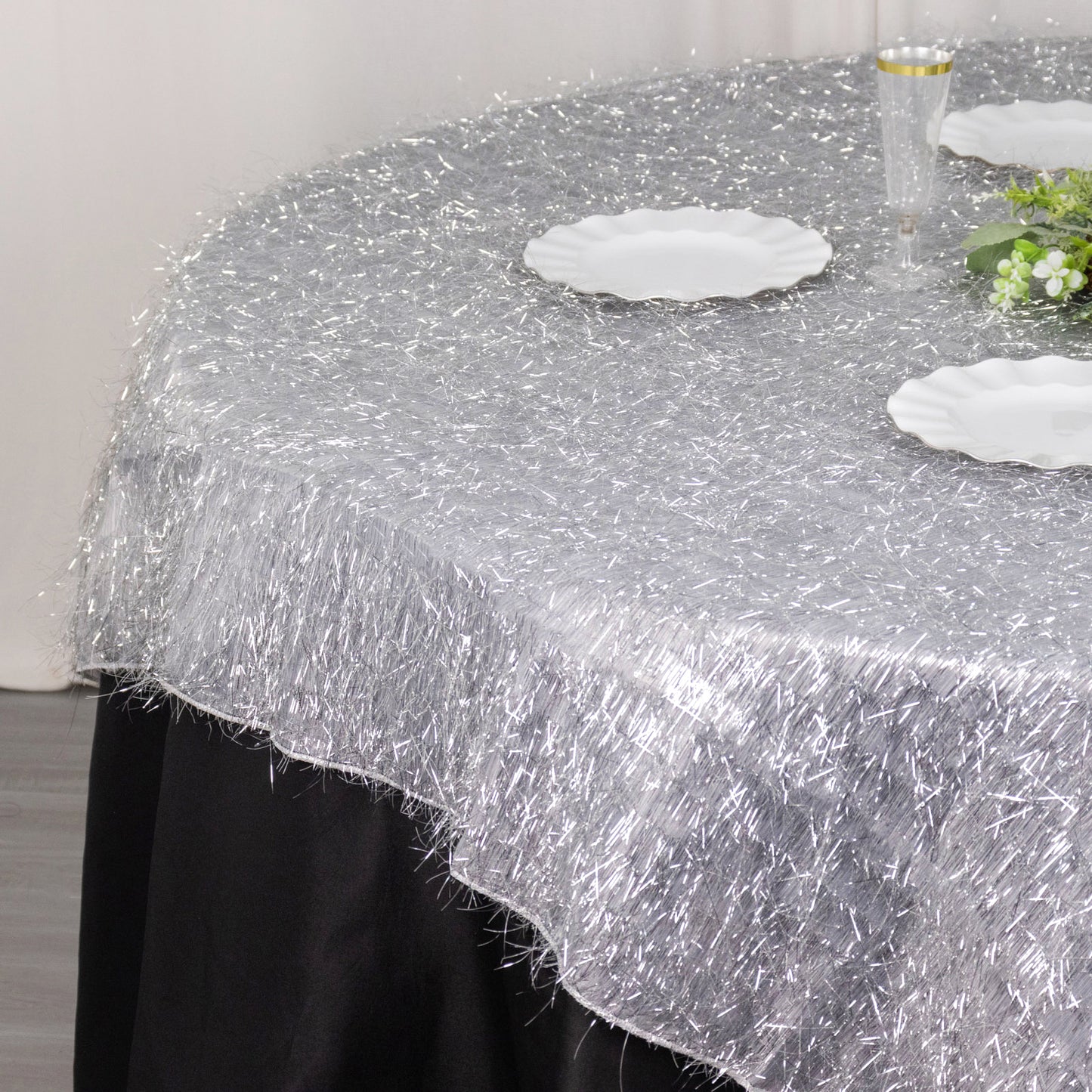 72" Silver Metallic Fringe Shag Tinsel Square Polyester Table Overlay