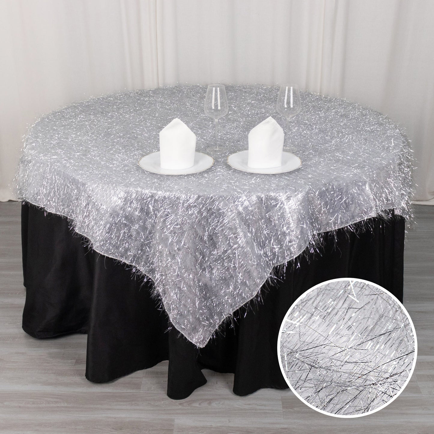 72" Silver Metallic Fringe Shag Tinsel Square Polyester Table Overlay