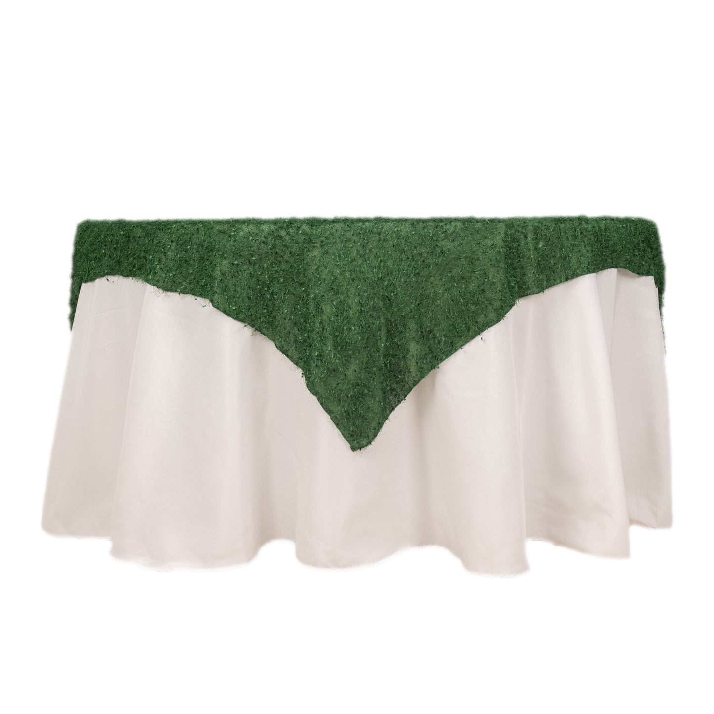 Green fringe shag square polyester table overlay.