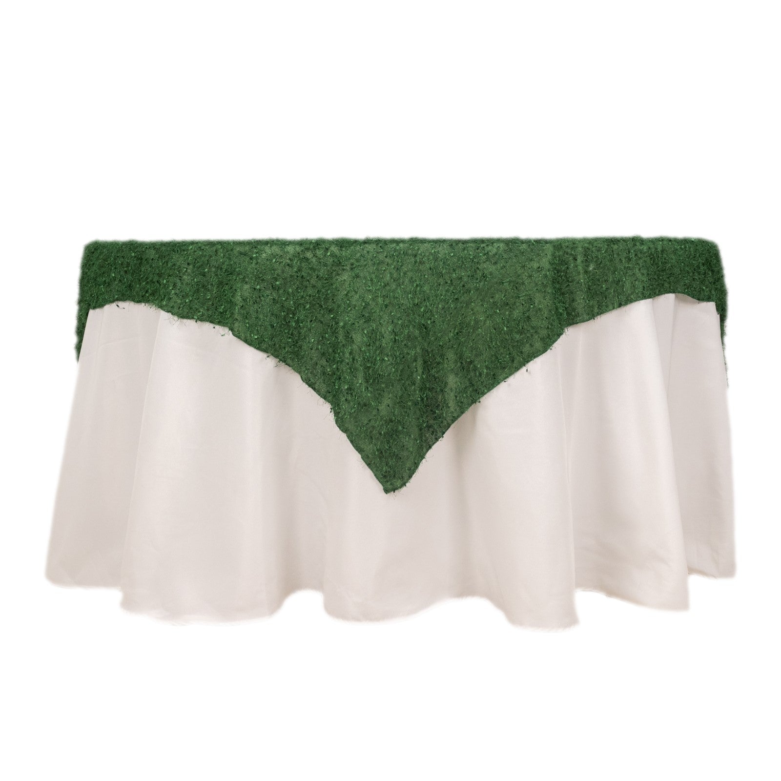 Green fringe shag square polyester table overlay.