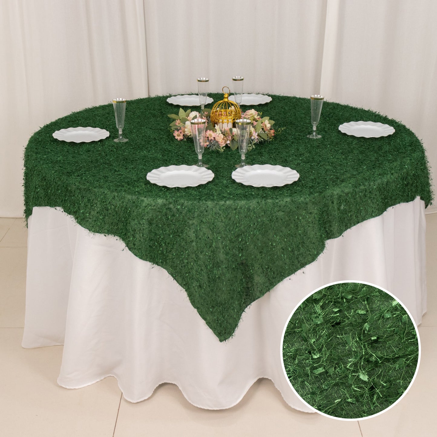 Green fringe shag square polyester table overlay