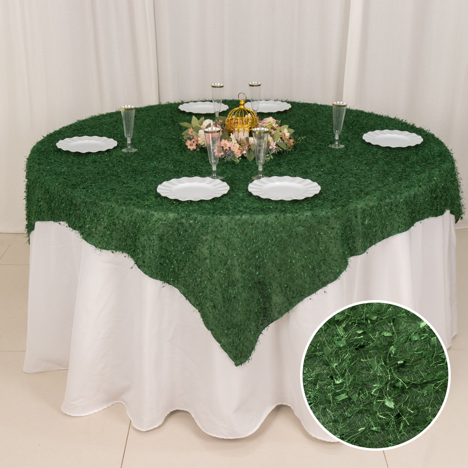 Green fringe shag square polyester table overlay