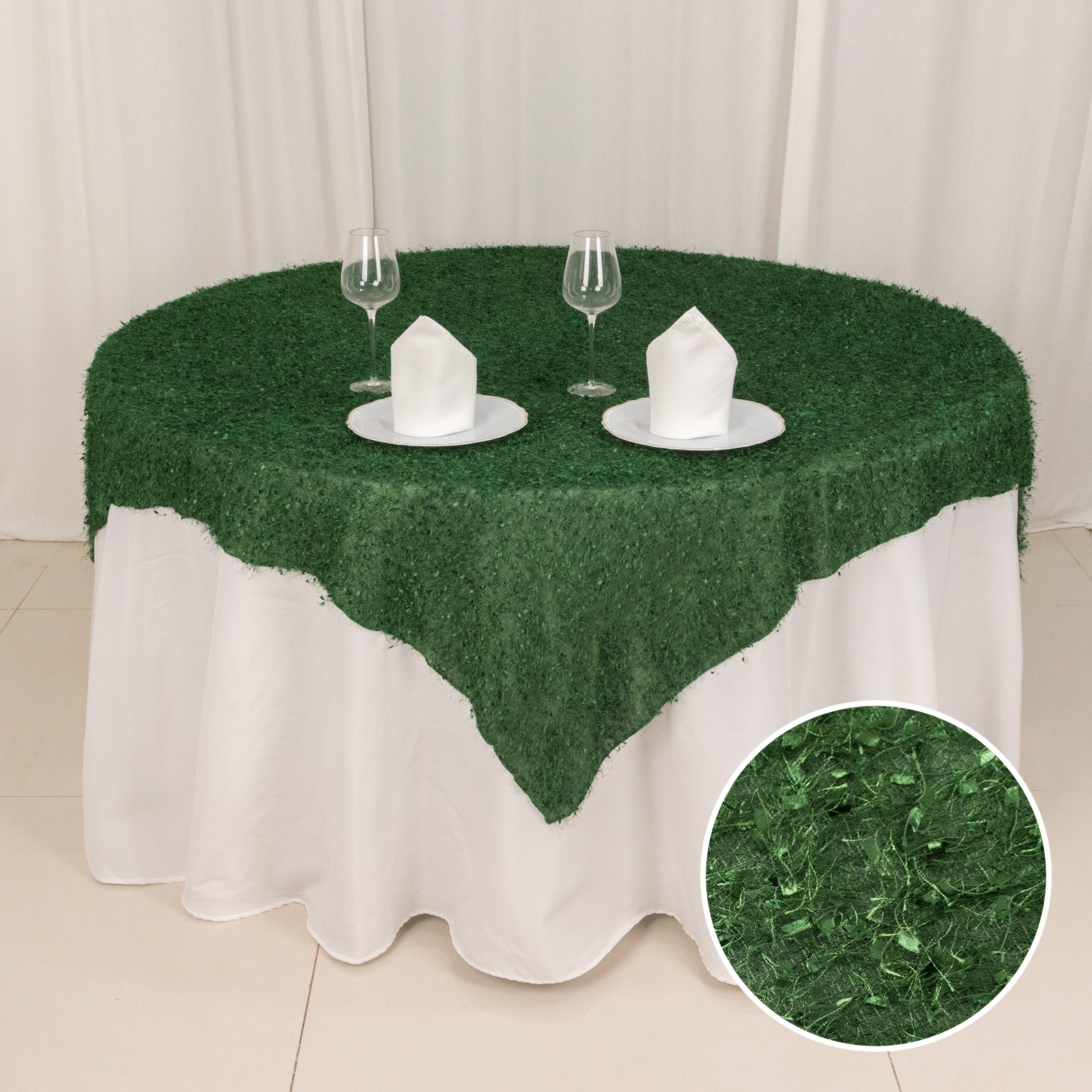 Green fringe shag square polyester table overlay.