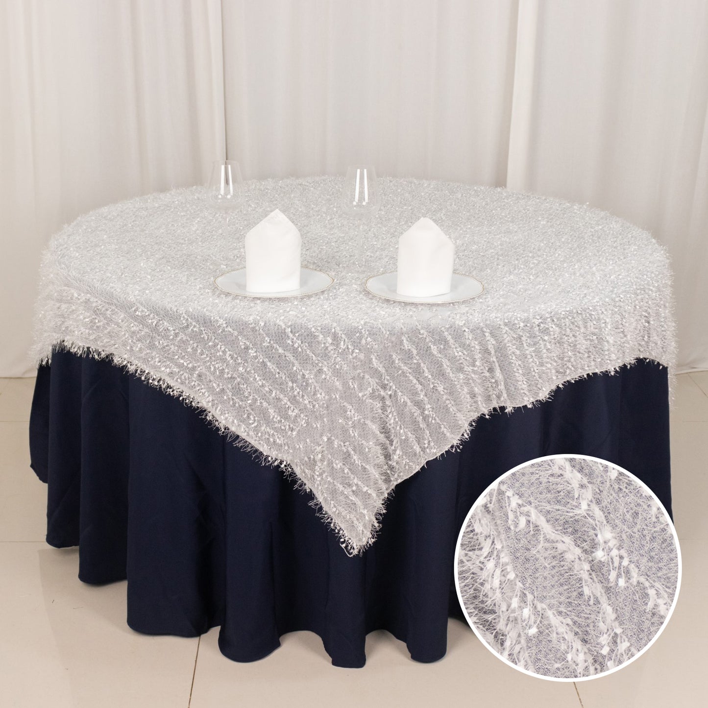 72"x72" White Fringe Shag Square Polyester Table Overlay