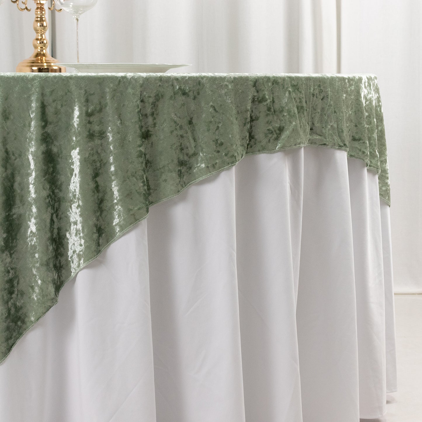 72"x72" Sage Green Premium Crushed Velvet Table Overlay, Square Tablecloth Topper