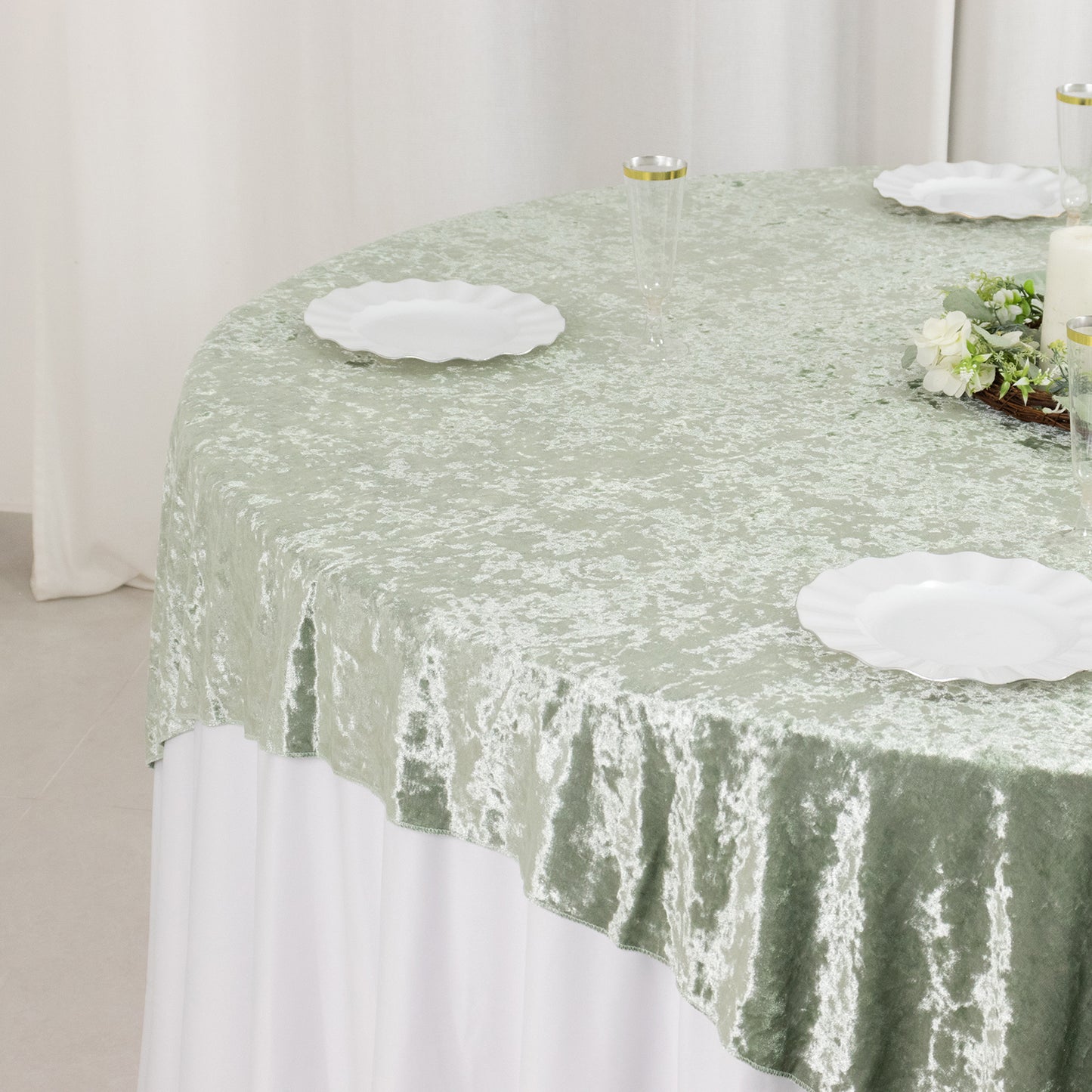 72"x72" Sage Green Premium Crushed Velvet Table Overlay, Square Tablecloth Topper