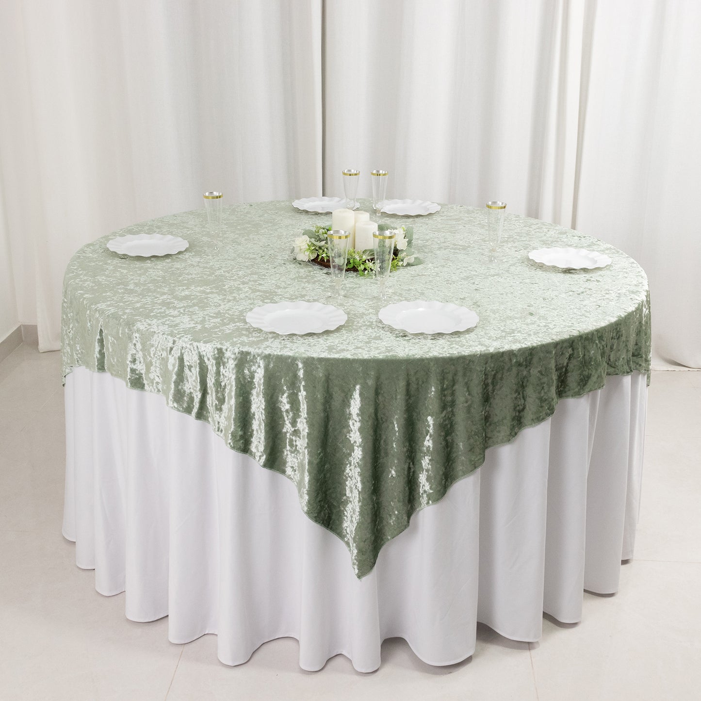 72"x72" Sage Green Premium Crushed Velvet Table Overlay, Square Tablecloth Topper