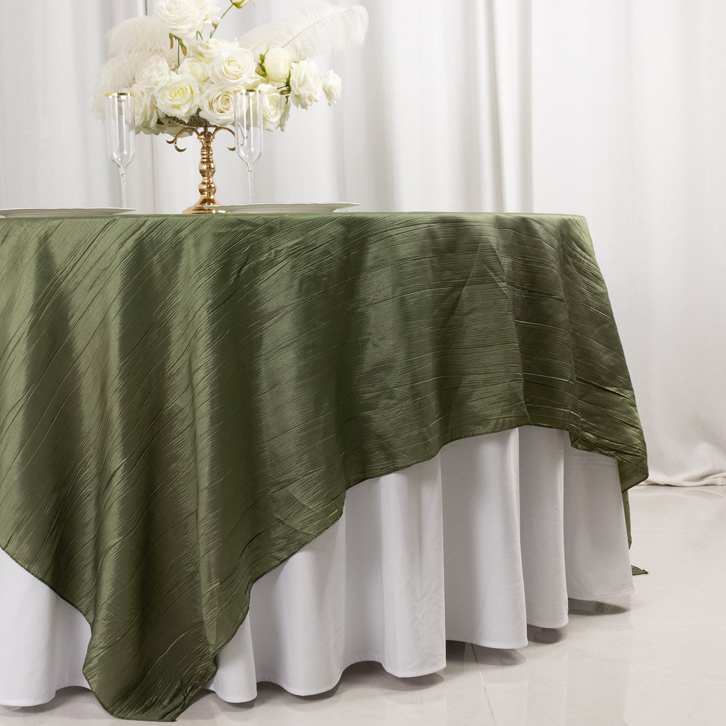 90"x90" Dusty Sage Green Accordion Crinkle Taffeta Square Table Overlay