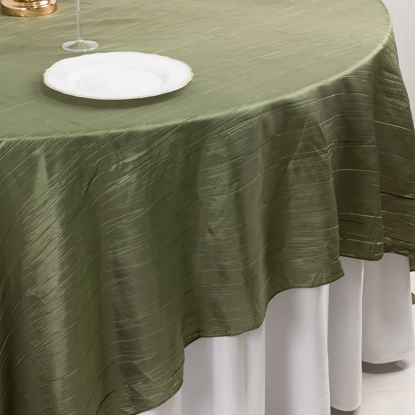 90"x90" Dusty Sage Green Accordion Crinkle Taffeta Square Table Overlay