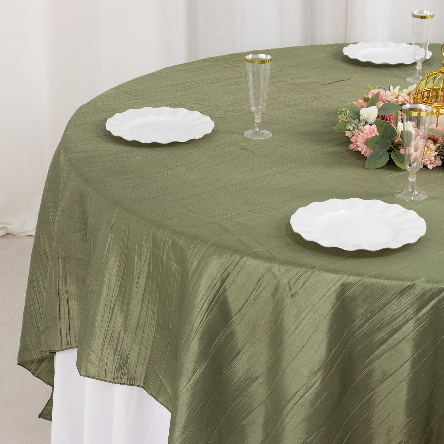 90"x90" Dusty Sage Green Accordion Crinkle Taffeta Square Table Overlay