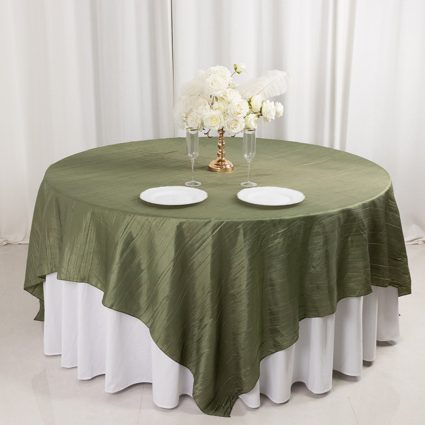 90"x90" Dusty Sage Green Accordion Crinkle Taffeta Square Table Overlay