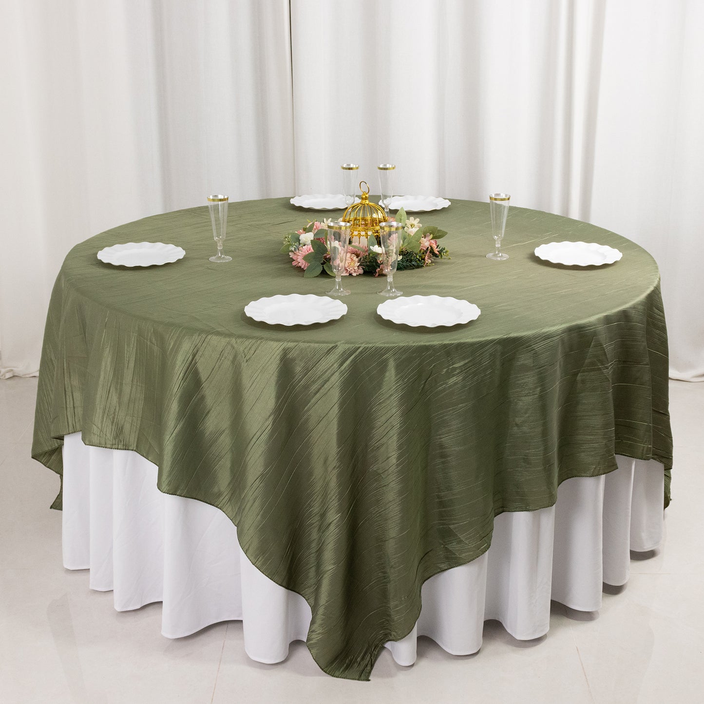 90"x90" Dusty Sage Green Accordion Crinkle Taffeta Square Table Overlay