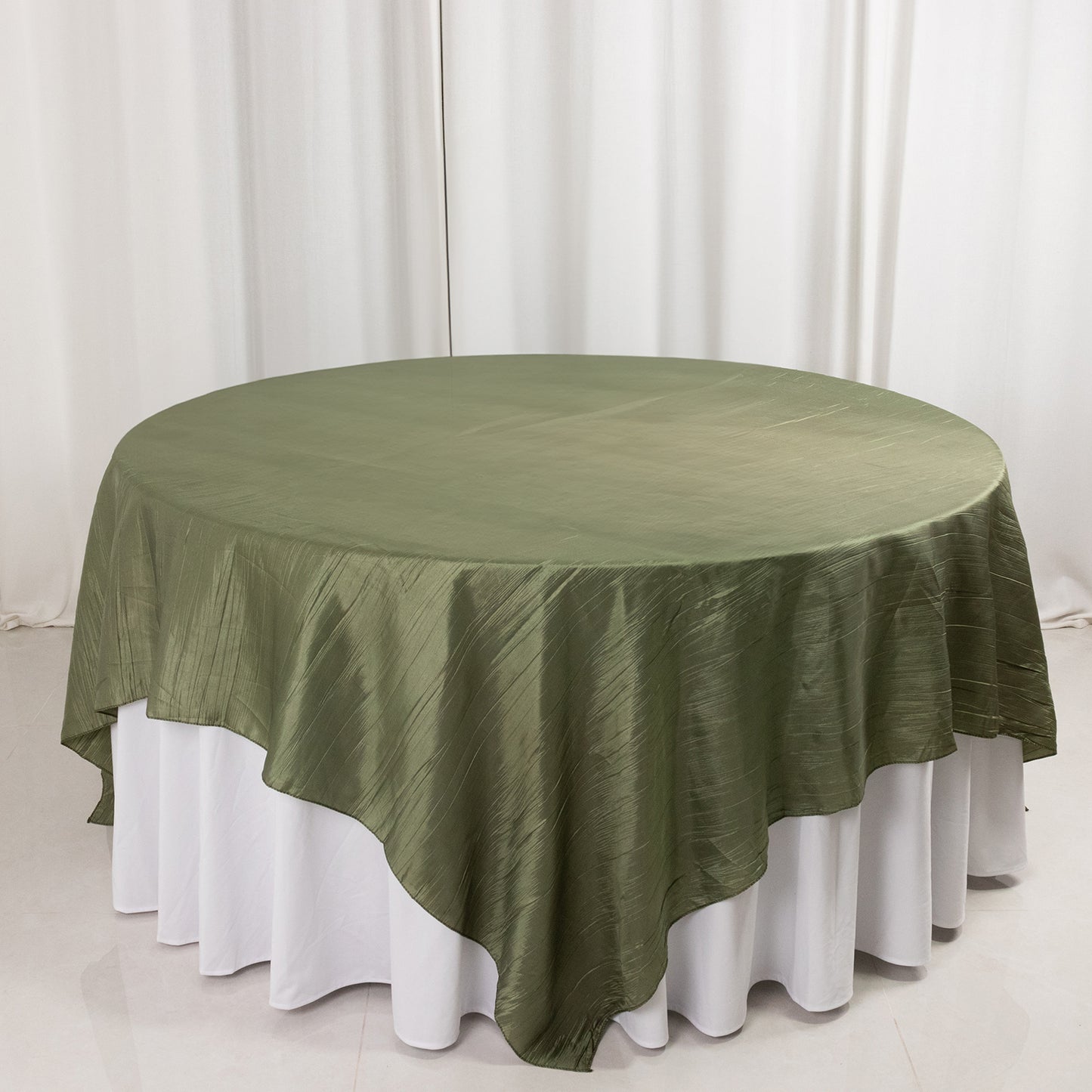 90"x90" Dusty Sage Green Accordion Crinkle Taffeta Square Table Overlay