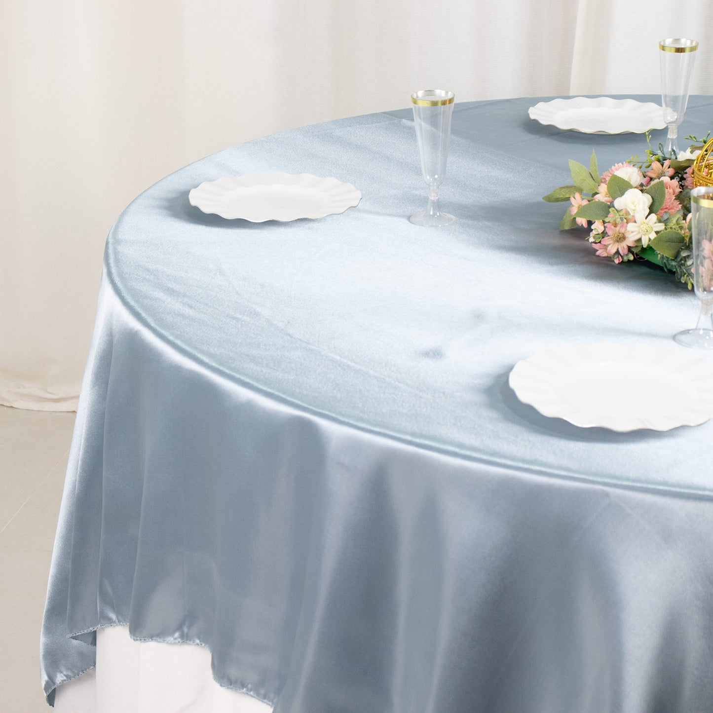 90" Dusty Blue Satin Overlay Square Table Overlay