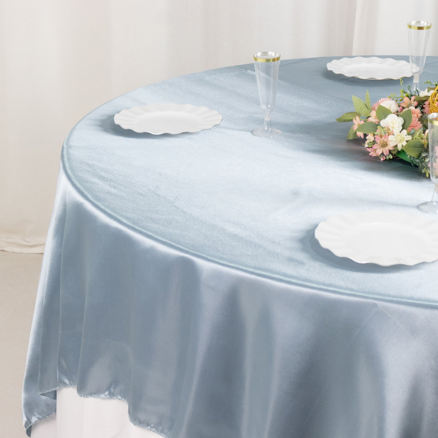 90" Dusty Blue Satin Overlay Square Table Overlay