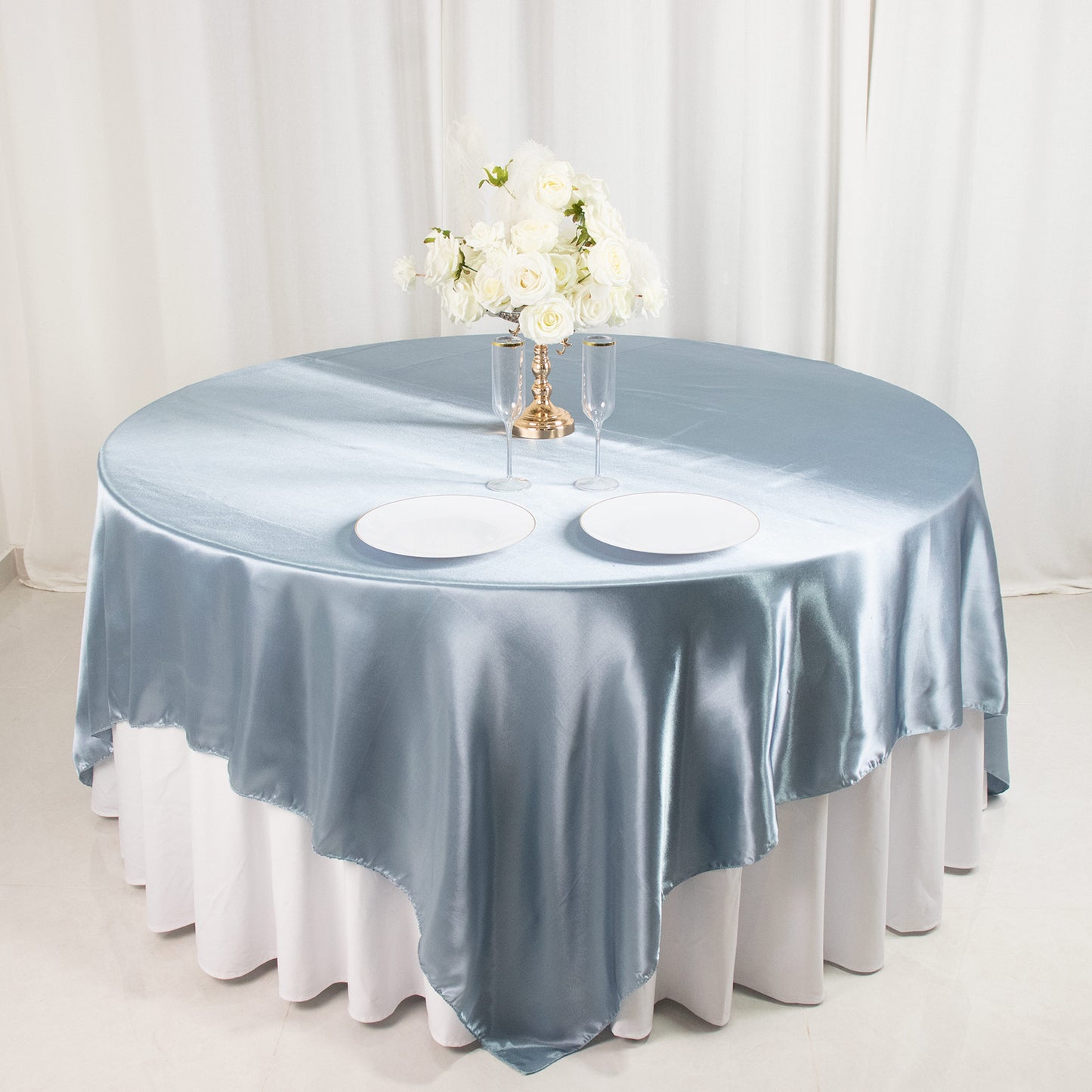 90" Dusty Blue Satin Overlay Square Table Overlay