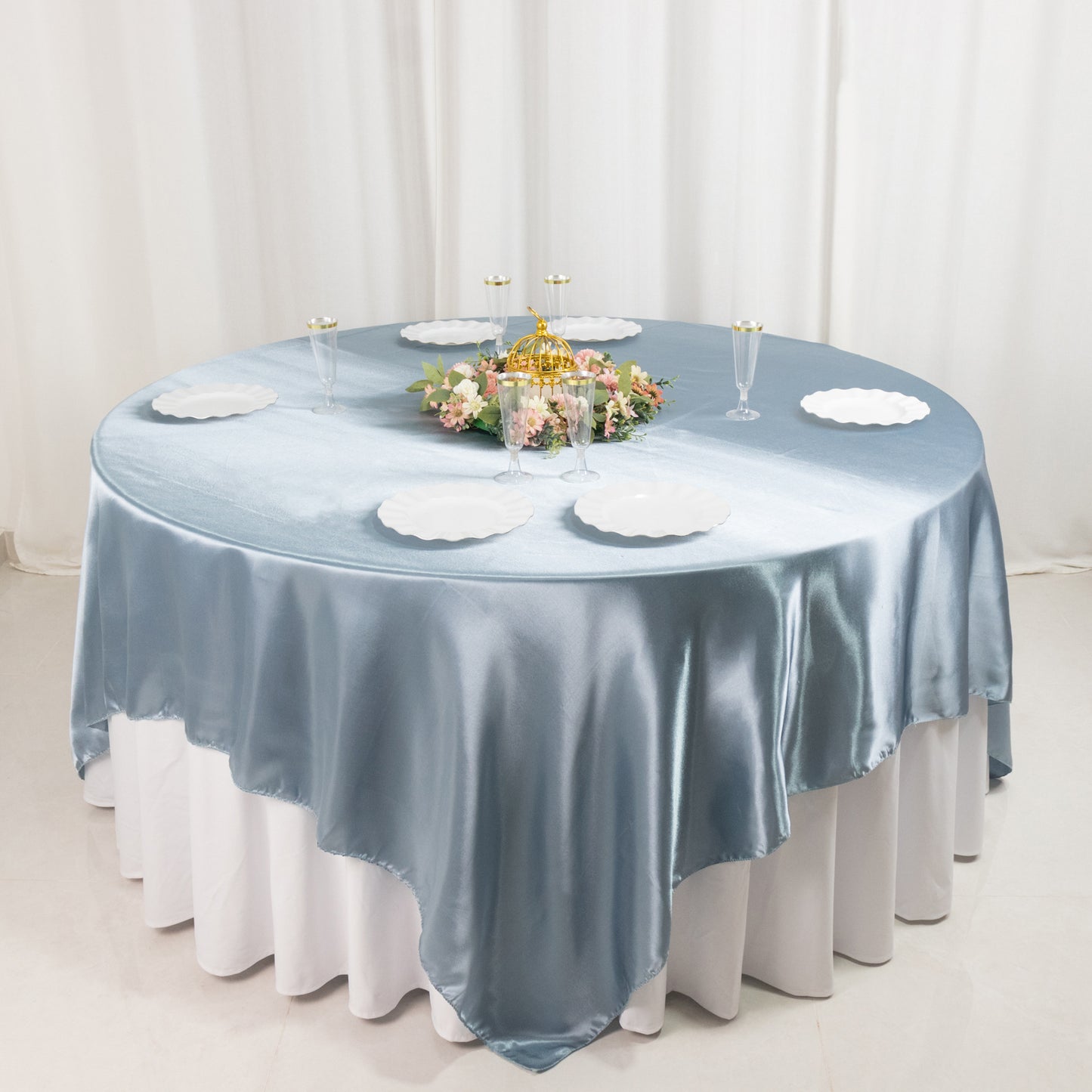 90" Dusty Blue Satin Overlay Square Table Overlay