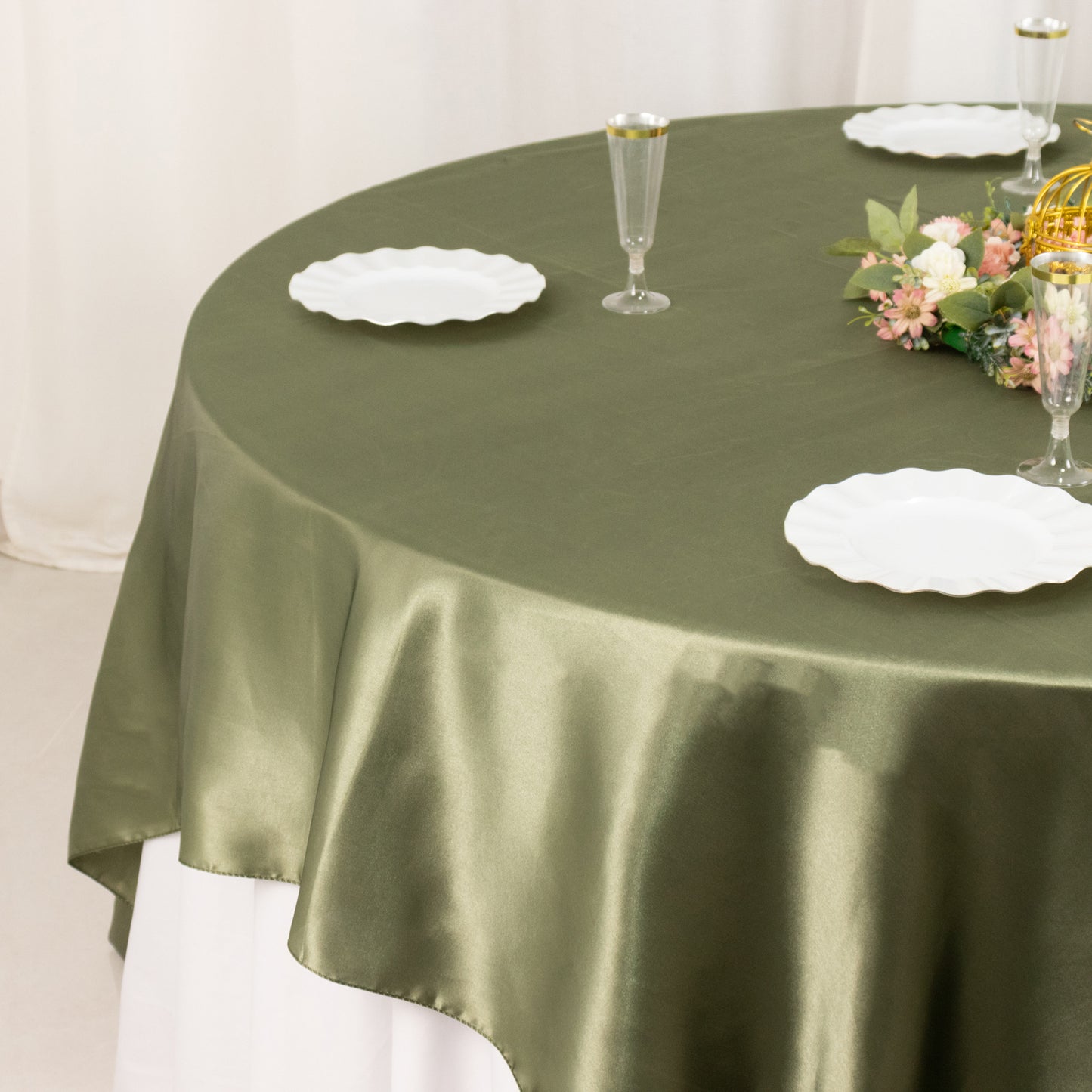 90" Dusty Sage Green Satin Overlay Square Table Overlay