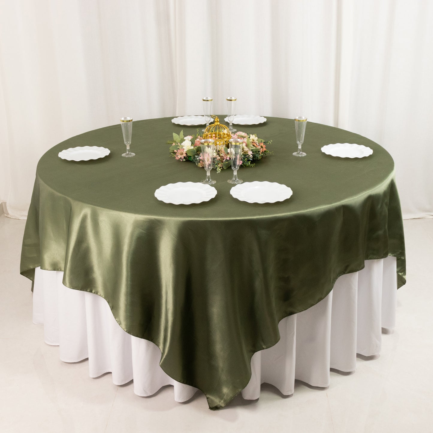 90" Dusty Sage Green Satin Overlay Square Table Overlay