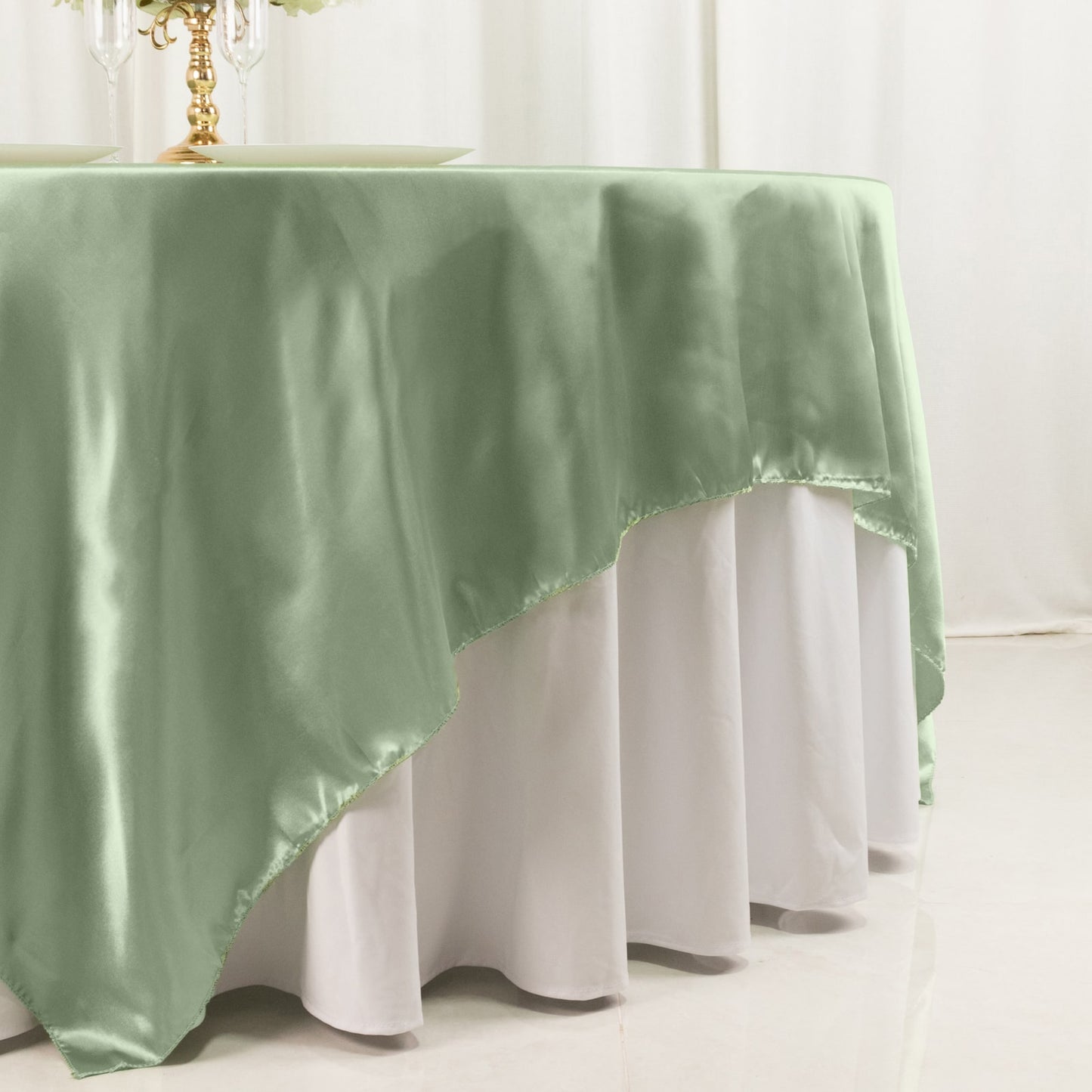 90" Sage Green Satin Overlay Square Table Overlay