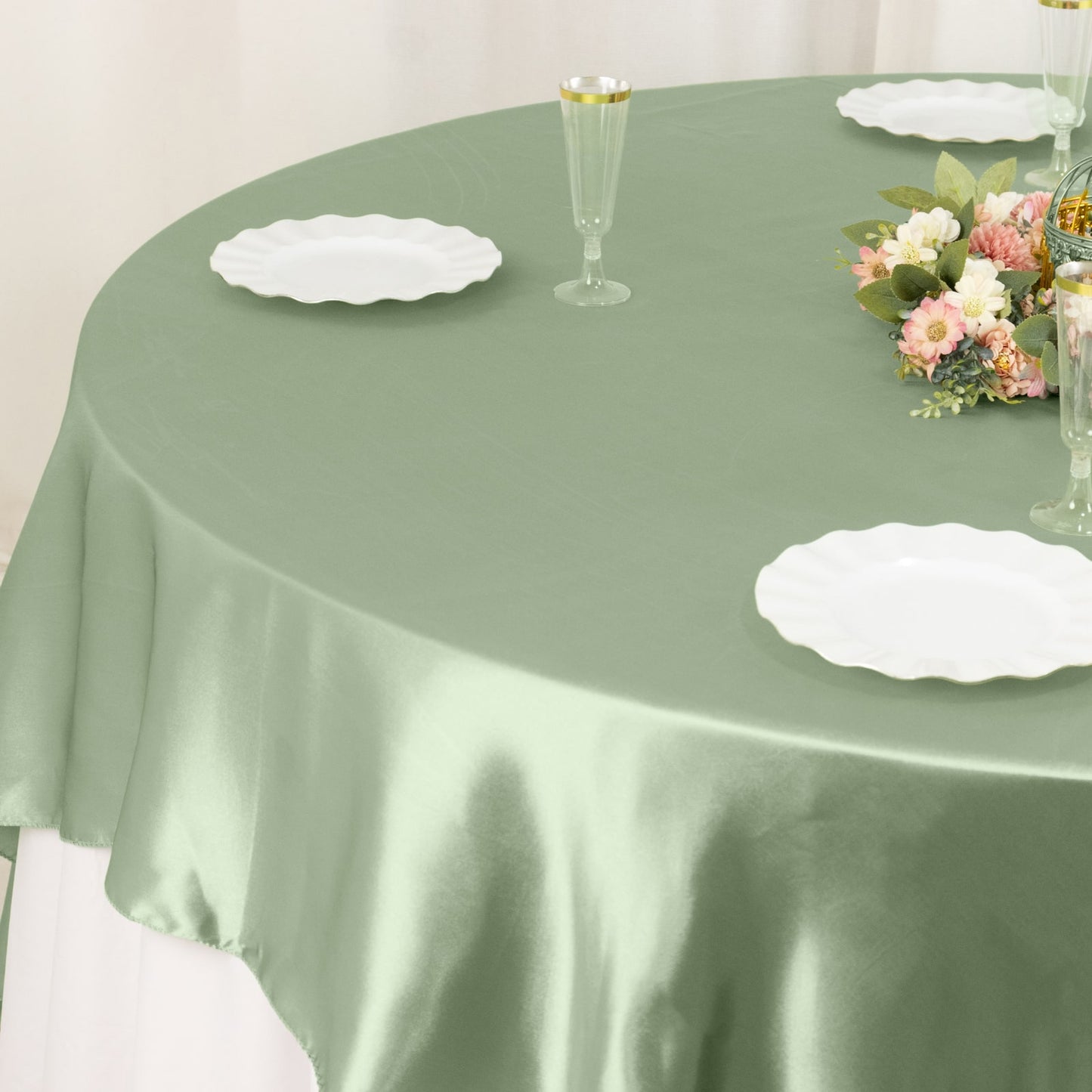 90" Sage Green Satin Overlay Square Table Overlay