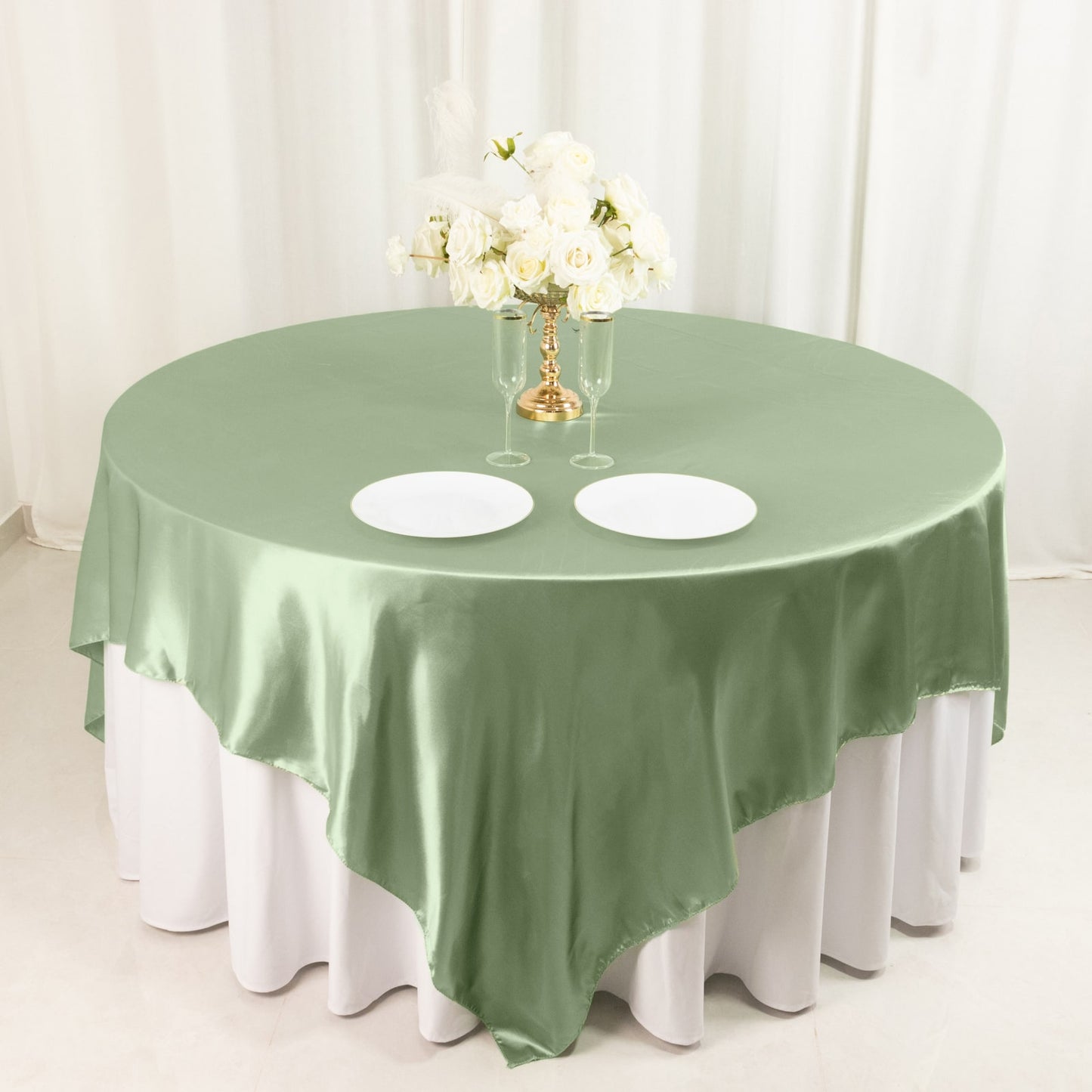 90" Sage Green Satin Overlay Square Table Overlay