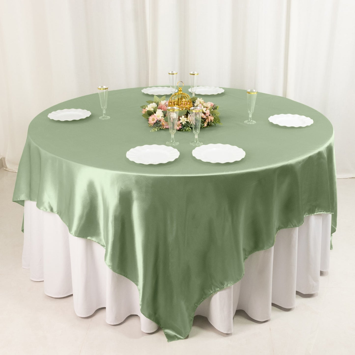 90" Sage Green Satin Overlay Square Table Overlay