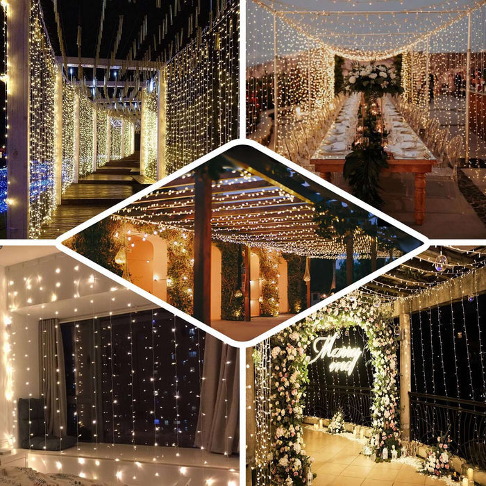 Cool white 300 LED icicle curtain fairy string lights in various settings.