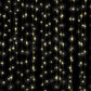 Warm white LED curtain string lights with 8 modes on a dark background.