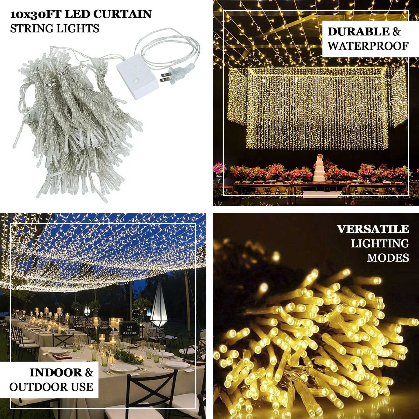 Warm white 900 LED curtain string lights for indoor and outdoor use.