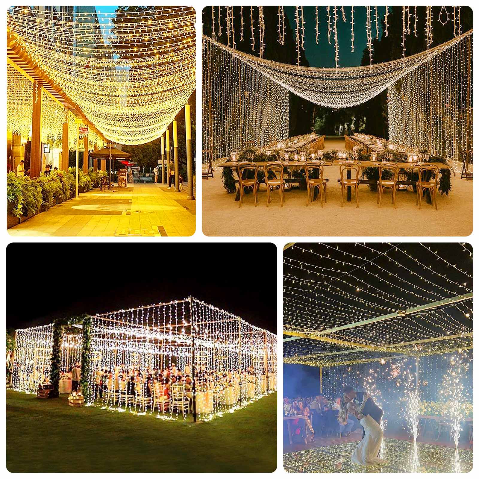 Warm white LED curtain string lights for indoor and outdoor decor.