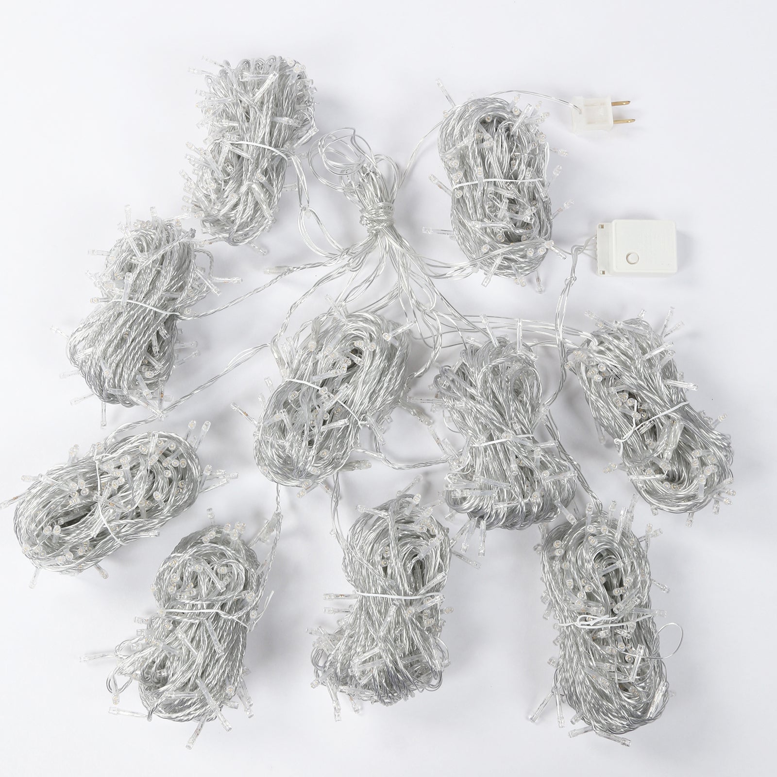 Warm white LED curtain fairy lights, 10ft x 50ft, 1500 count, indoor/outdoor use.