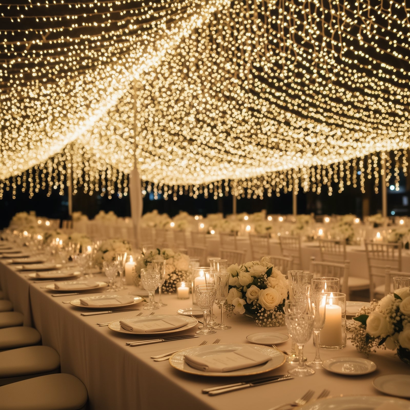 Warm white LED curtain fairy lights illuminating a beautifully set dinner table.
