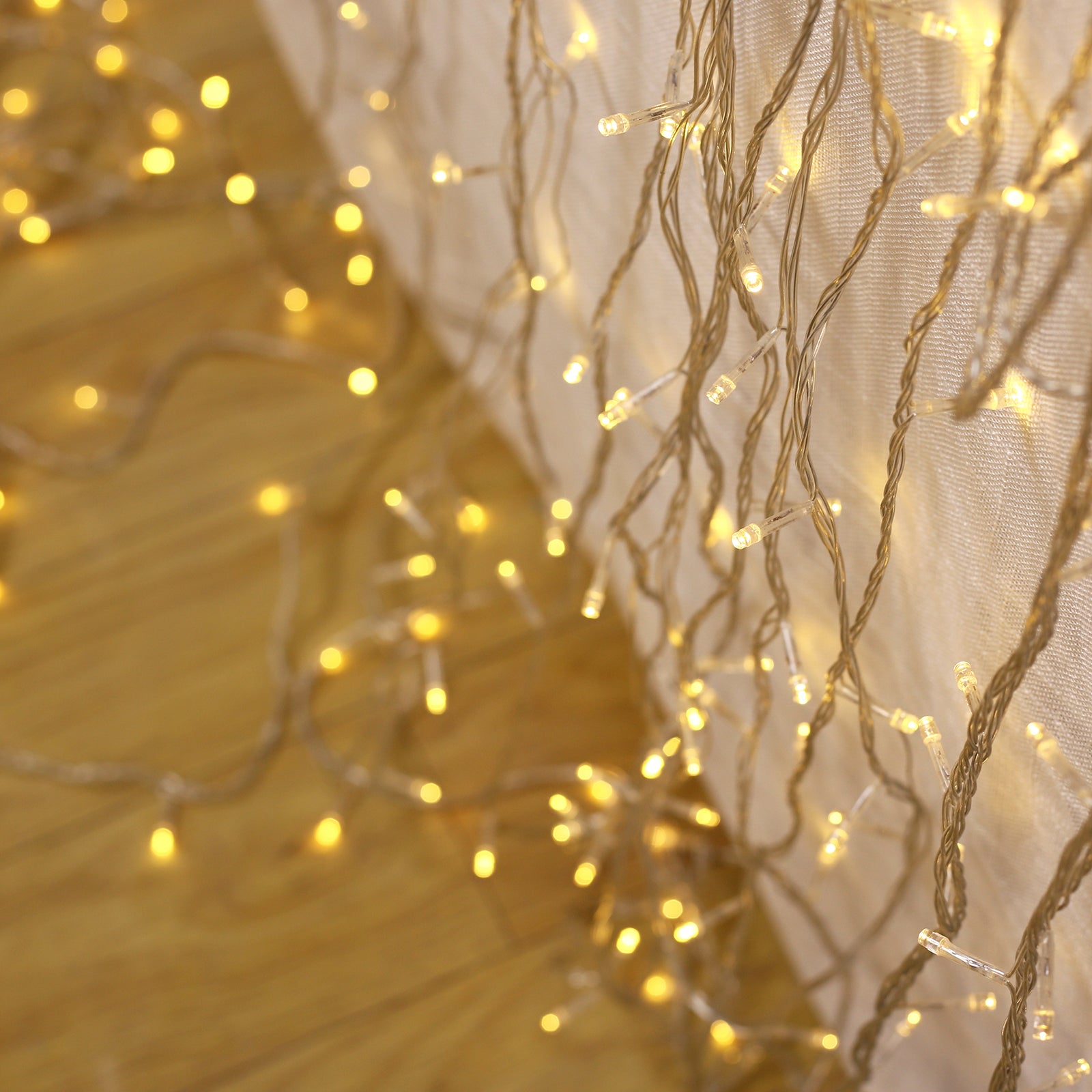 Warm white LED curtain fairy lights, 10ft x 50ft, indoor/outdoor use.
