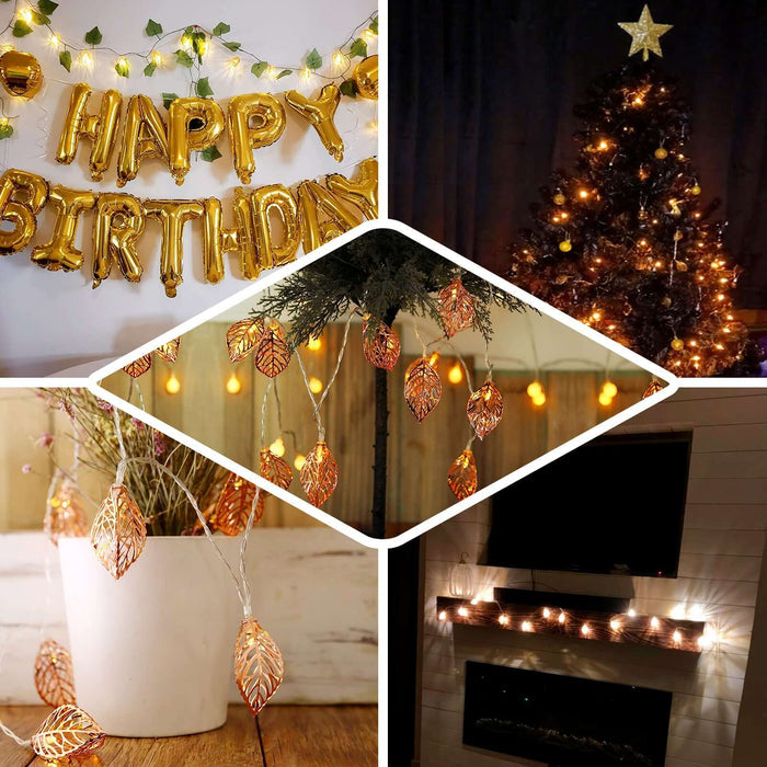 Rose gold LED fairy string lights with warm white glow.