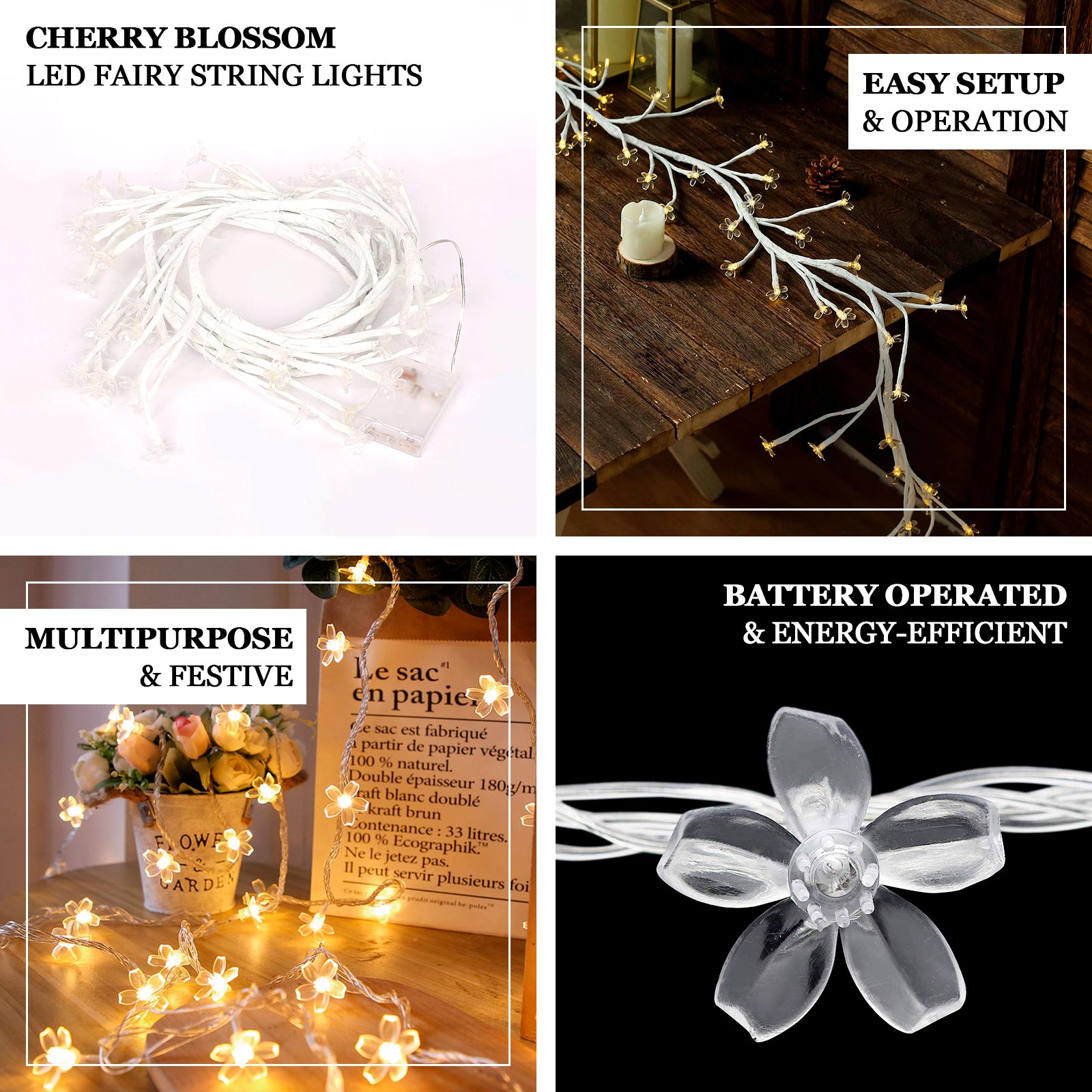 8.5ft Warm White Cherry Blossom Decorative LED Fairy String Lights, Battery-Operated Flower Party Lights
