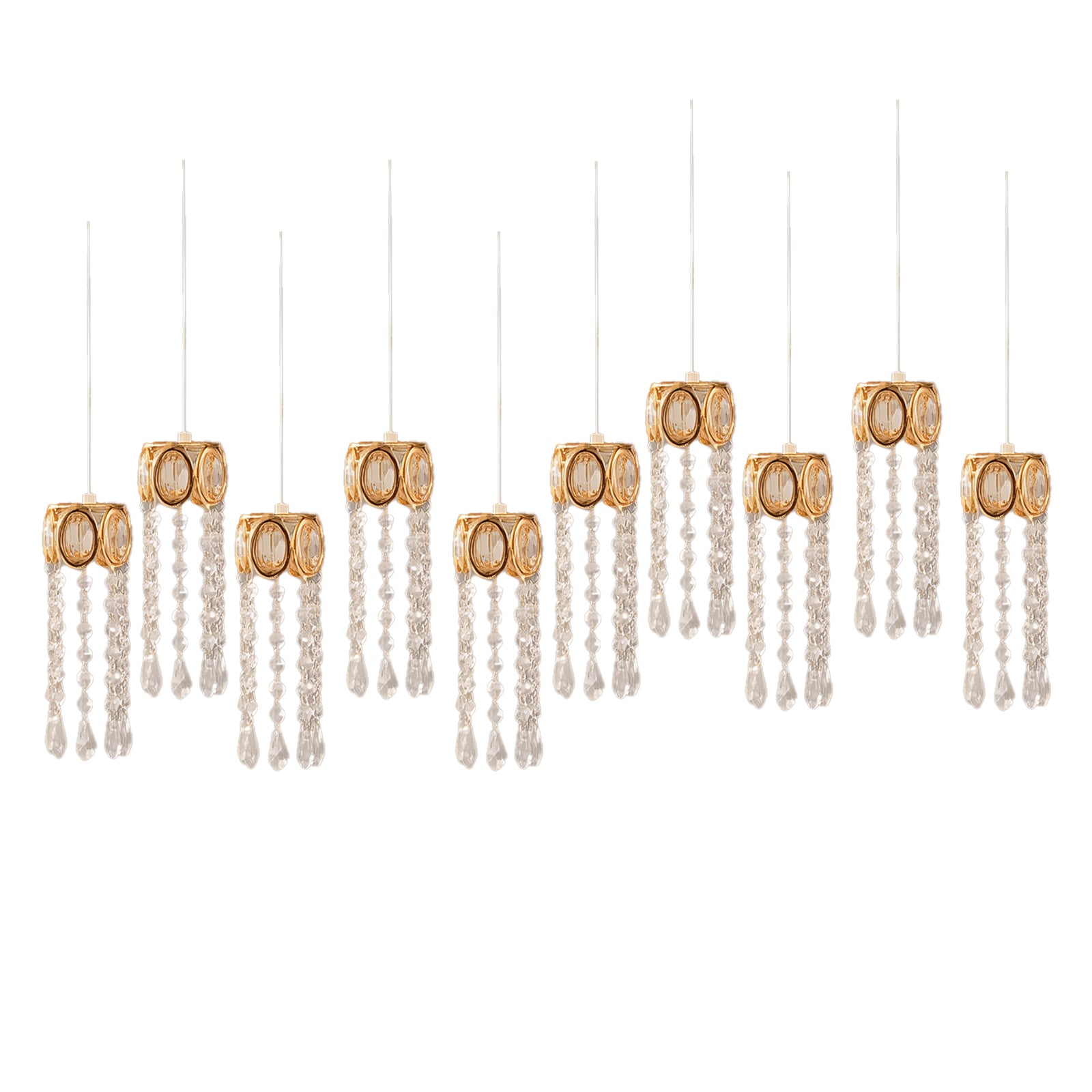Gold teardrop pendant string lights with crystal accents.