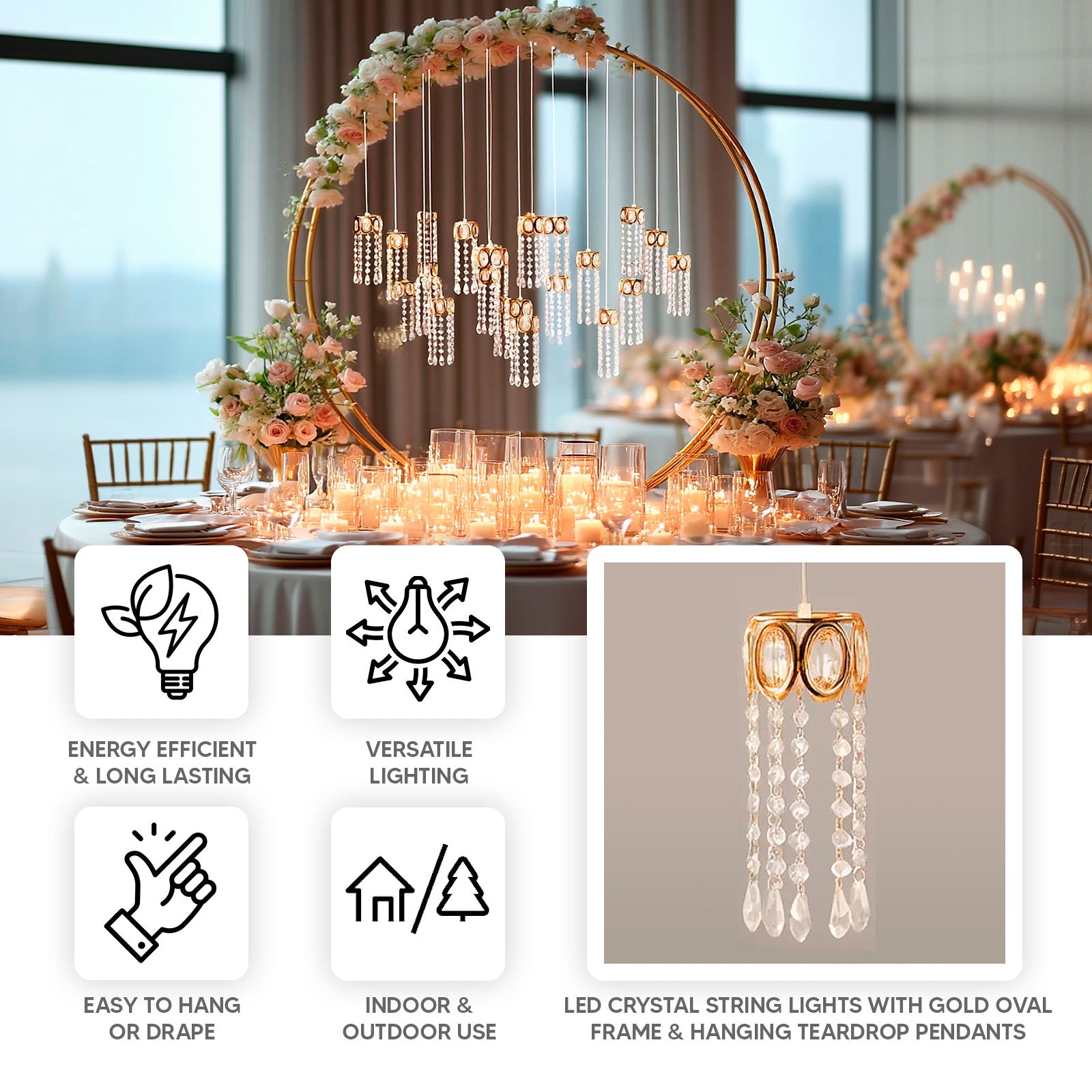 Warm white LED hanging crystal string lights with gold oval frame and teardrop pendants.