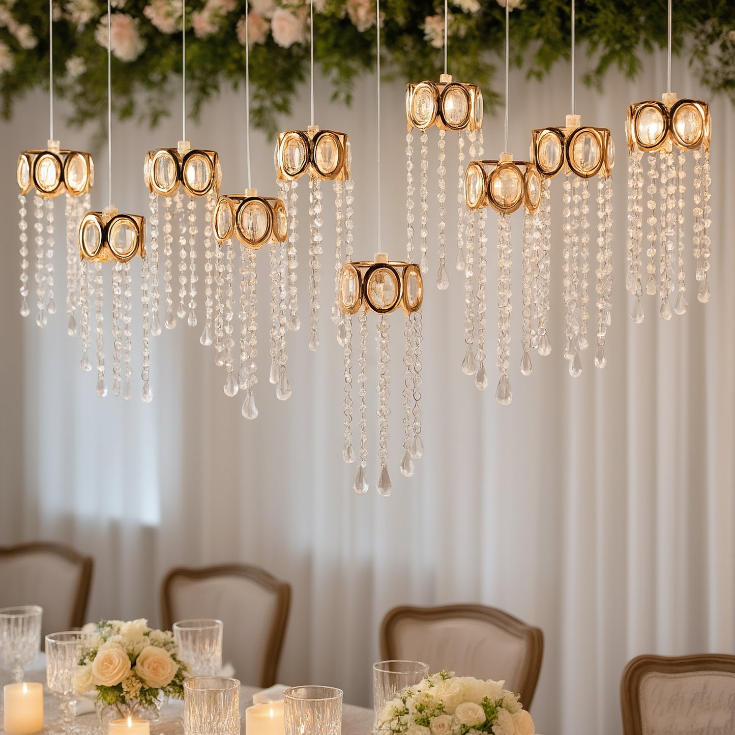 Gold oval frame chandelier with teardrop pendants and warm white lights.