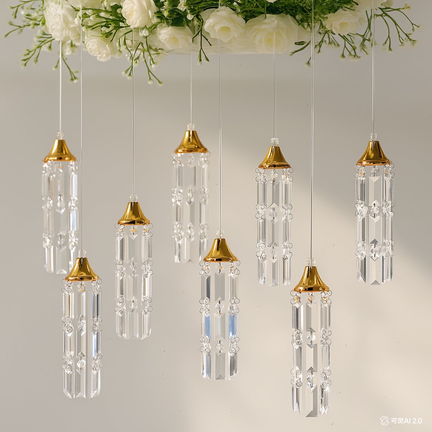 LED Hanging Crystal String Lights – Gold Bell Frame with Prism Pendants, Warm White Plug-in Chandelier Décor